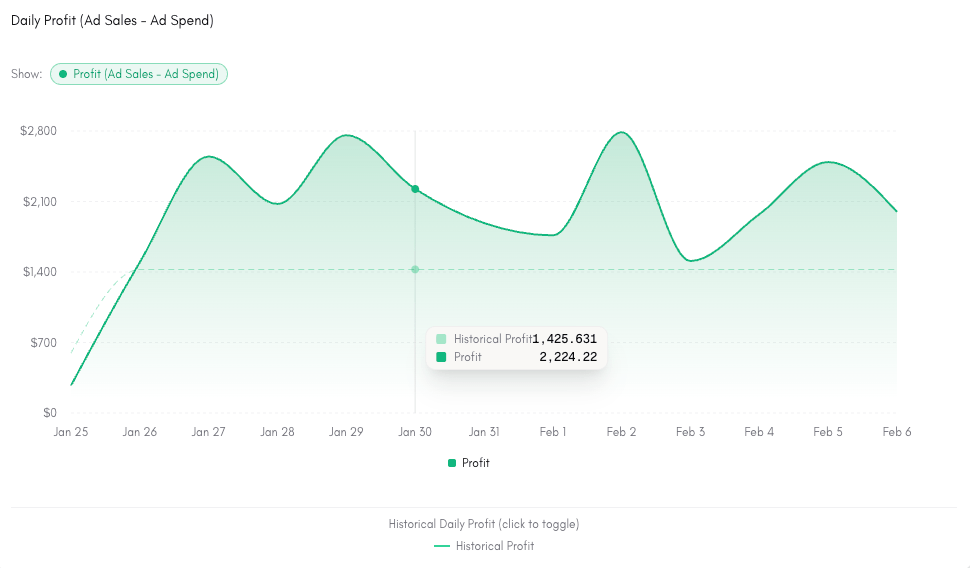 Daily PPC profit (ad sales − ad spend) — a clear step-change up after launch.