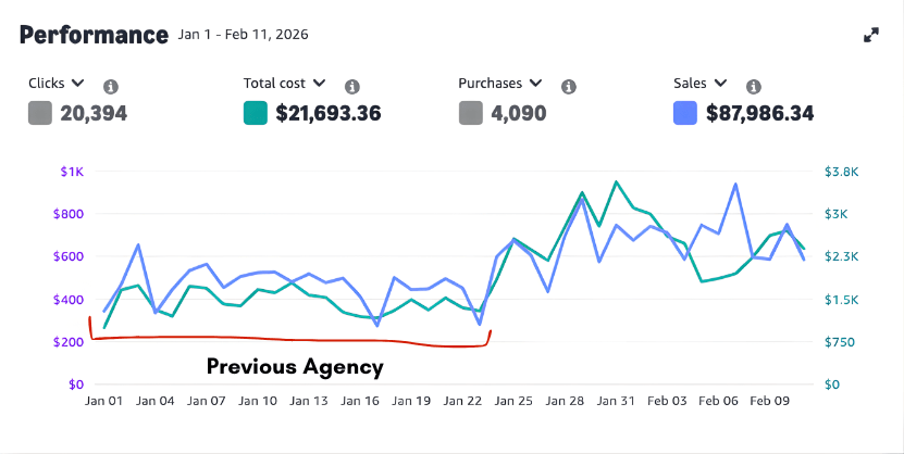 Daily clicks, spend, and sales — flat under the previous agency, then climbing after Laurence took over.